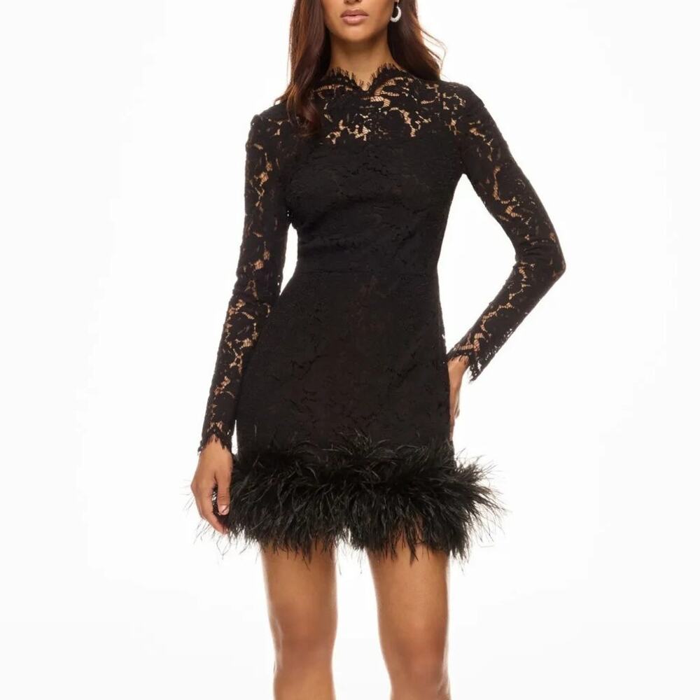 Sau Lee Mara Dress Lace Long Sleeve Ostrich Feather Hem Black Women's Size 12